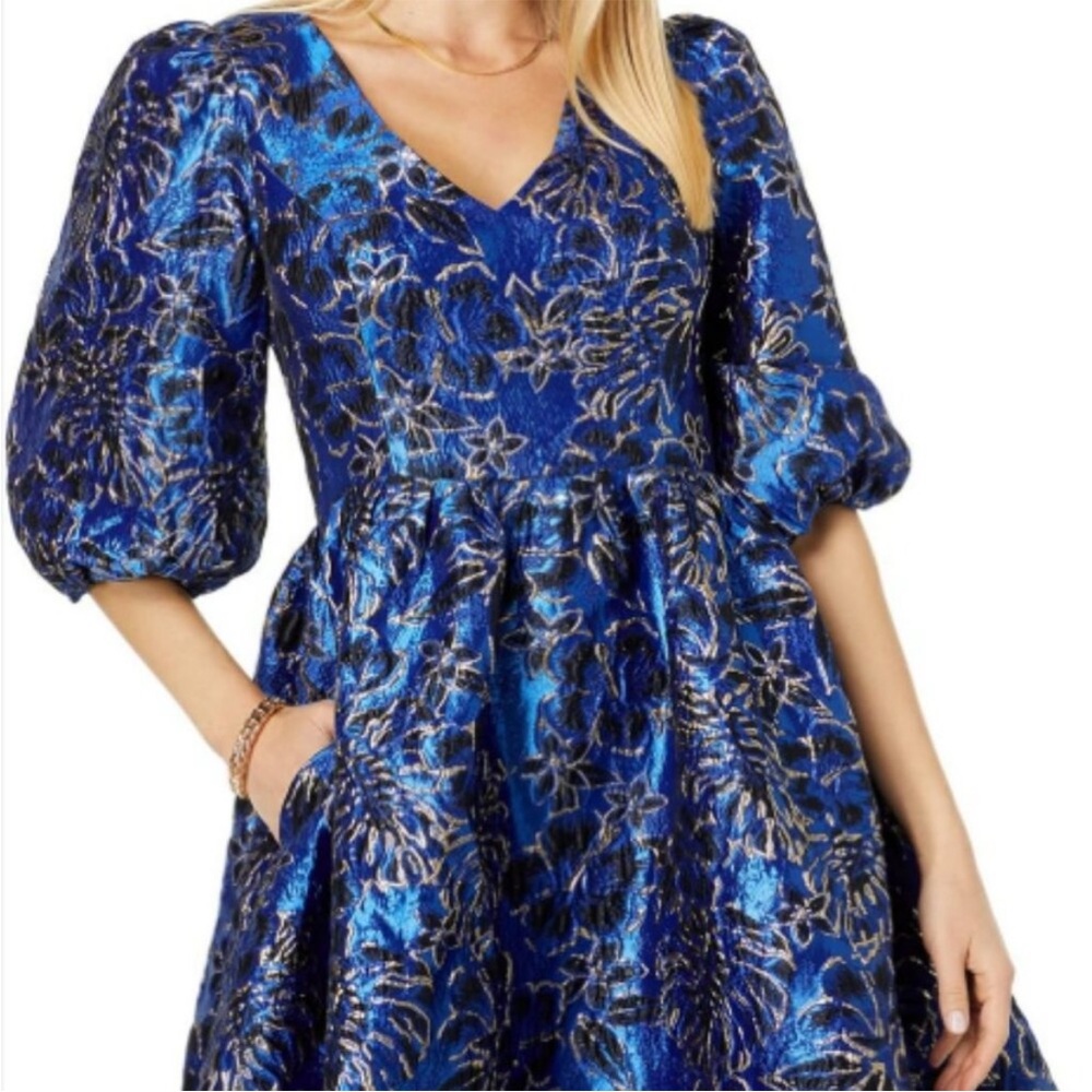 Lilly Pulitzer Calyssa Party Dress Blue Floral Brocade 3/4 Sleeve New With Tags